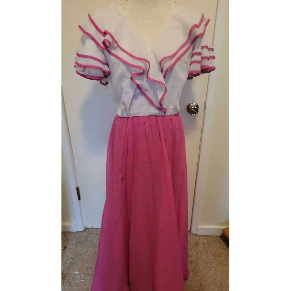 80s Edwardian Pink Party Dress Flutter Sleeve Fuschia Pink